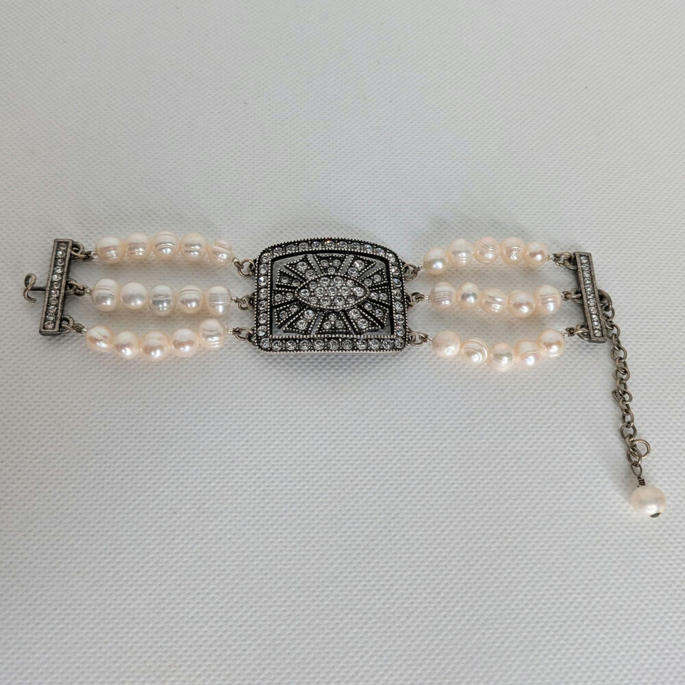 HALEY HILL SILVERTONE PEARL & RHINESTONE 3 STRAND BRACELET 1 1/2 X 7-9" - Picture 1 of 8